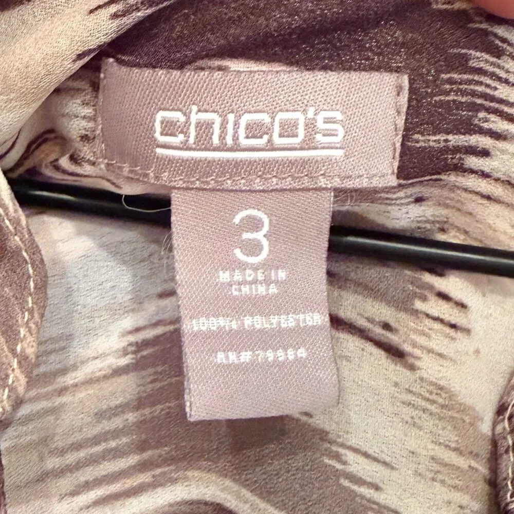 Chicos 3 L Brown White 3/4 Sleeve Basket Weave Ikat Shell Button Up Blouse VNeck - Picture 5 of 6